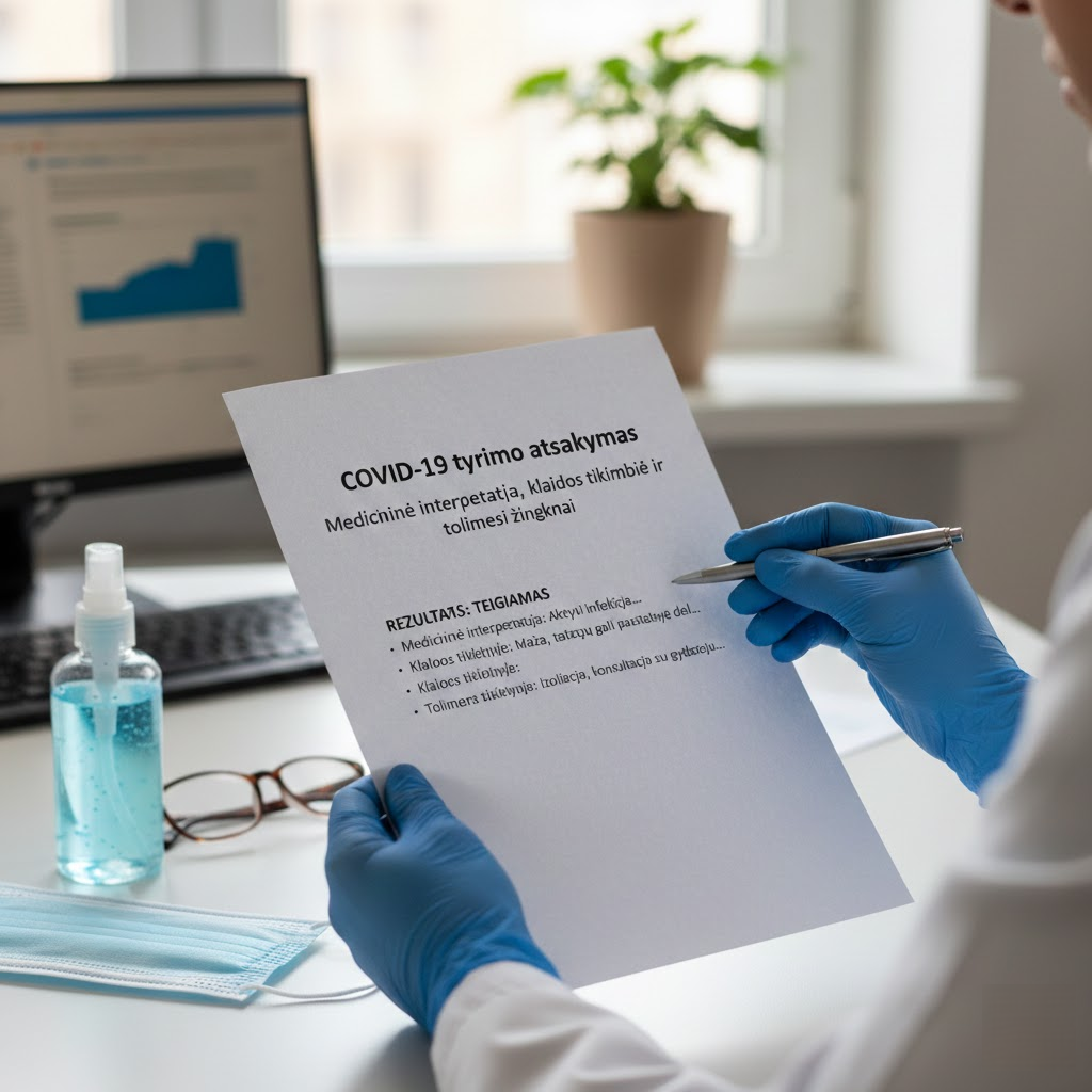 COVID-19 tyrimo atsakymas: medicininė interpretacija, klaidos tikimybė ir tolimesni žingsniai