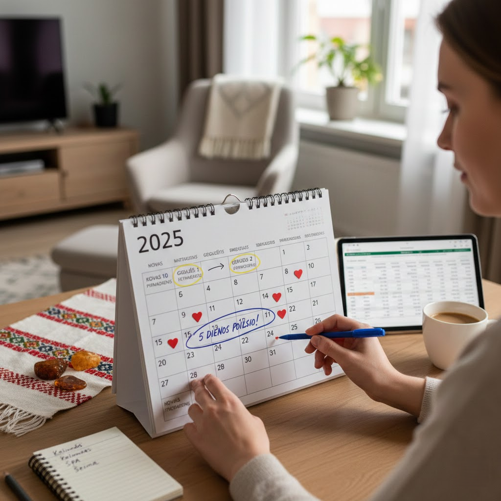 Laisvos dienos 2025: Strateginis atostogų planavimo kalendorius ir gudrybėsKiekvienų metų pabaigoje ar naujųjų pradžioje daugelis lietuvių griebiasi kalendoriaus su vienu konkrečiu tikslu – išsiaiškinti, kaip maksimaliai pratęsti savo poilsį, panaudojant kuo mažiau sukauptų kasmetinių atostogų dienų. 2025 metai šiuo atžvilgiu yra tikras kontrastų rinkinys. Tai metai, kurie iš darbuotojų pareikalaus šiek tiek daugiau strateginio mąstymo nei įprastai. Kodėl? Nes nemaža dalis valstybinių švenčių negailestingai krenta į savaitgalius, tačiau metų pabaiga žada tikrą „aukso puodą“ poilsio ištroškusiems.Šiame straipsnyje ne tik apžvelgsime sausus skaičius ir datas. Mes panagrinėsime, kaip laisvos dienos 2025 metais gali tapti jūsų asmeninio efektyvumo ir poilsio kokybės pagrindu. Aptarsime Darbo kodekso niuansus, kurie padės nenubraukti šeimos biudžeto, ir pasiūlysime konkrečias datas, kada verta pateikti atostogų prašymą savo vadovui, kol to nepadarė kolegos.2025-ųjų kalendoriaus specifika: Ką mums lėmė sėkmė?Prieš neriant į detalius mėnesių planus, verta apžvelgti bendrą vaizdą. 2025-ieji nėra patys dosniausi metai tiems, kurie tikisi automatiškai ilgų savaitgalių be papildomų pastangų. Trys svarbios valstybinės šventės – Vasario 16-oji, Liepos 6-oji ir Lapkričio 1-oji – krenta į savaitgalius (šeštadienius arba sekmadienius). Lietuvoje, skirtingai nei Jungtinėje Karalystėje ar Belgijoje, nėra įstatymo, kuris perkeltų poilsio dieną į artimiausią pirmadienį, jei šventė sutampa su savaitgaliu.Tačiau nereikia nusiminti. Kalendorius turi ir labai ryškių pliusų. Trys šventės krenta į antradienius arba ketvirtadienius. Tai yra klasikinės „tiltų“ situacijos. Pasiėmę vos vieną atostogų dieną, gaunate keturias dienas nepertraukiamo poilsio. O Kalėdinis laikotarpis 2025-aisiais atrodo tiesiog fantastiškai.Laisvų dienų suvestinė (Sutrumpintas sąrašas)Sausio 1 d. (Trečiadienis) – Naujieji metai.Vasario 16 d. (Sekmadienis) – Valstybės atkūrimo diena (deja, papildomos išeiginės nėra).Kovo 11 d. (Antradienis) – Nepriklausomybės atkūrimo diena (puiki proga ilgajam savaitgaliui).Balandžio 20–21 d. (Sekmadienis–Pirmadienis) – Velykos.Gegužės 1 d. (Ketvirtadienis) – Tarptautinė darbo diena (proga ilgajam savaitgaliui).Gegužės 4 d. (Sekmadienis) – Motinos diena.Birželio 1 d. (Sekmadienis) – Tėvo diena.Birželio 24 d. (Antradienis) – Joninės (proga ilgajam savaitgaliui).Liepos 6 d. (Sekmadienis) – Valstybės diena (papildomos išeiginės nėra).Rugpjūčio 15 d. (Penktadienis) – Žolinė (natūralus ilgasis savaitgalis).Lapkričio 1 d. (Šeštadienis) – Visų šventųjų diena.Lapkričio 2 d. (Sekmadienis) – Vėlinės.Gruodžio 24 d. (Trečiadienis) – Kūčios.Gruodžio 25 d. (Ketvirtadienis) – Kalėdos.Gruodžio 26 d. (Penktadienis) – Antroji Kalėdų diena.Strateginis planavimas: Mėnuo po mėnesioDabar panagrinėkime kiekvieną galimybę atskirai ir sudėliokime strategiją, kaip „apgauti“ sistemą legaliais būdais ir pailsėti daugiau.Pavasario atgimimas: Kovas ir GegužėPo žiemos sąstingio pirmasis rimtas šansas pabėgti nuo rutinos atsiveria kovą. Kovo 11-oji yra antradienis. Tai klasikinis pavyzdys, kai viena atostogų diena (Kovo 10 d., pirmadienis) sukuria keturių dienų atostogas (nuo kovo 8 d. iki kovo 11 d.).Rekomendacija: Tai idealus laikas trumpai kelionei į Europos pietus, kur pavasaris ateina anksčiau, arba tiesiog ramiam laikui SPA centre Lietuvoje, kol dar neprasidėjo masinis sezonas.Kitas svarbus taškas – Gegužės 1-oji (Tarptautinė darbo diena), kuri krenta į ketvirtadienį. Čia formulė analogiška: pasiimame laisvą penktadienį (Gegužės 2 d.) ir turime keturias dienas poilsio. Gegužės pradžia dažnai lepina gerais orais, todėl tai puikus laikas sodo darbų pradžiai ar pirmajam sezono iškylai gamtoje.Vasaros malonumai: Joninės ir ŽolinėVasarą visi nori atostogauti, tačiau protingai išnaudotos valstybinės šventės leidžia taupyti pagrindines atostogų dienas. Joninės (Birželio 24 d.) 2025-aisiais bus antradienį. Vėlgi – imame laisvą pirmadienį (Birželio 23 d.) ir švenčiame keturias dienas. Turint omenyje, kad Joninių naktis dažniausiai būna bemiegė, tas papildomas laisvas pirmadienis pasiruošimui ir antradienis atsigavimui yra tiesiog būtini.Rugpjūtis pateikia dovaną be jokių papildomų sąlygų. Žolinė (Rugpjūčio 15 d.) yra penktadienis. Tai garantuotas trijų dienų savaitgalis. Tai dažnai būna paskutinis vasaros pasispardymas, kai orai dar leidžia mėgautis pajūriu ar ežerais be rudeninio vėjo.Metų pabaigos finalas: KalėdosJei 2025 metų pradžia ir vidurys verčia mus „kombinuoti“ dienas, tai gruodis atlygina už viską su kaupu. Tai, kaip išsidėstė šventės gruodį, yra retai pasitaikanti sėkmė.Gruodžio 24 d. (Kūčios) – Trečiadienis.Gruodžio 25 d. (Kalėdos) – Ketvirtadienis.Gruodžio 26 d. (Kalėdos) – Penktadienis.Ką tai reiškia? Tai reiškia penkias dienas nepertraukiamo poilsio (nuo trečiadienio iki sekmadienio) nenaudojant nė vienos atostogų dienos! O jei turite sukaupę daugiau atostogų, galite pasiimti gruodžio 22 ir 23 dienas (pirmadienį ir antradienį) ir turėti visą savaitę (9 dienas iš eilės įskaitant savaitgalius) laisvą, panaudoję tik 2 atostogų dienas.Darbo teisės niuansai: Pinigai ar laikas?Planuojant laisvas dienas 2025 metams, būtina prisiminti ir finansinę pusę. Lietuvos Respublikos Darbo kodeksas (DK) numato specifines taisykles darbui švenčių dienomis.Darbas per šventes: Dvigubas tarifasPagal DK 144 straipsnį, už darbą švenčių dieną mokamas ne mažesnis kaip dvigubas darbuotojo darbo užmokestis. Tai svarbu tiems, kurie dirba pamaininį darbą arba pagal suminę darbo laiko apskaitą. Jei jūsų tikslas yra ne poilsis, o finansinė nauda, 2025 metais dirbti per Kalėdas (trečiadienį, ketvirtadienį, penktadienį) gali būti itin pelninga.Taip pat egzistuoja galimybė (darbuotojo prašymu) už darbą švenčių dieną kompensuoti suteikiant papildomą poilsio laiką kitą mėnesį (arba pridedant prie kasmetinių atostogų). Tokiu atveju už darbą šventinę dieną mokamas viengubas užmokestis, o už papildomą poilsio laiką mokamas taip pat viengubas vidutinis darbo užmokestis.Kada finansiškai apsimoka atostogauti?Daugelis darbuotojų vis dar nežino, kad atostoginių dydis priklauso nuo to mėnesio, kurį atostogaujate, darbo dienų skaičiaus. Taisyklė paprasta: kuo daugiau darbo dienų turi mėnuo, tuo „pigesnė“ viena darbo diena, ir tuo mažiau finansiškai naudinga atostogauti (nors skirtumas dažniausiai nėra drastiškas). Ir atvirkščiai – atostogauti finansiškai labiau apsimoka tais mėnesiais, kurie turi mažiau darbo dienų, nes skaičiuojant atostoginius imamas trijų paskutinių mėnesių vidurkis.2025 metais verta atkreipti dėmesį į mėnesius su daugiausia darbo dienų, jei norite gauti didesnį darbo užmokestį už dirbtą laiką, ir planuoti atostogas atsargiau, jei jūsų atlyginimas svyruoja.Mamadieniai ir Tėvadieniai: Papildomas rezervasNepamirškite Darbo kodekso garantijos tėvams, kuri gali būti strategiškai prijungta prie valstybinių švenčių. Tai vadinamieji „mamadieniai“ ir „tėvadieniai“ (DK 138 straipsnis).Auginantiems vieną vaiką iki 12 metų: Suteikiama 1 papildoma poilsio diena per 3 mėnesius (iš viso 4 dienos per metus).Auginantiems du vaikus iki 12 metų: 1 laisva diena per mėnesį.Auginantiems tris ir daugiau vaikų iki 12 metų: 2 laisvos dienos per mėnesį.Auginantiems neįgalų vaiką iki 18 metų: 1 laisva diena per mėnesį (arba dvi, priklausomai nuo situacijos).Strategija 2025 metams: Jei auginate vieną vaiką, savo ketvirtinę laisvą dieną galite panaudoti būtent „tiltams“ tiesti. Pavyzdžiui, Kovo 10 d. (pirmadienį) galite pasiimti ne kaip kasmetines atostogas, o kaip priklausantį mamadienį/tėvadienį. Taip sutaupote atostogų likutį vasarai.Moksleivių atostogos 2025: Ką svarbu žinoti tėvamsPlanuojant šeimos laisvas dienas, būtina atsižvelgti į moksleivių atostogų grafikus. Nors tikslius grafikus Švietimo, mokslo ir sporto ministerija tvirtina mokslo metams prasidedant, remiantis ilgamete praktika, galime prognozuoti orientacines datas 2024–2025 mokslo metams:Žiemos (Kalėdų) atostogos: Paprastai trunka nuo Kūčių iki Trijų Karalių (sausio 6 d.). Tai sutampa su nuostabiu 2025-ųjų kalėdiniu kalendoriumi.Žiemos (pusmečio) atostogos: Dažniausiai vasario viduryje. Tikėtina, kad jos apims Vasario 16-ąją (kuri yra sekmadienį), tad vaikai atostogaus savaitę aplink šią datą.Pavasario (Velykų) atostogos: Paprastai savaitė po Velykų. 2025 m. Velykos vėlyvos (balandžio 20 d.), tad atostogos greičiausiai bus balandžio 22–25 dienomis.Vasaros atostogos: Pradinukams prasideda birželio pradžioje, vyresniems – birželio viduryje.Psichologinis aspektas: Kodėl „Ilgi savaitgaliai“ yra būtini?Lietuviai dažnai vadinami darboholikų tauta. Mes mėgstame kaupti atostogas „juodai dienai“ arba viską išnaudoti vienu ypu vasarą. Tačiau psichologai ir darbo našumo ekspertai vis dažniau pabrėžia mikro-atostogų (angl. micro-breaks) svarbą. Ilgieji savaitgaliai, kuriuos galite susikurti 2025 metais (kovą, gegužę, birželį), veikia kaip emocinis perkrovimas.3–4 dienų poilsis leidžia visiškai atsiriboti nuo darbinių rūpesčių, sumažina kortizolio (streso hormono) lygį ir leidžia grįžti į darbą su nauja energija. Tai prevencija prieš perdegimo sindromą. Todėl rekomenduojama nepalikti visų atostogų tik liepai ar rugpjūčiui, o išskaidyti jas per visus metus, pasinaudojant valstybinių švenčių teikiamomis progomis.Rekomendacijos keliautojams 2025 metamsŽinant laisvas dienas, galima prognozuoti ir kelionių kainų šuolius. Taisyklė paprasta: kai visi turi laisvą dieną, skrydžių ir viešbučių kainos kyla.Užsisakykite iš anksto: Jei planuojate pasinaudoti Kovo 11-osios ar Gegužės 1-osios „tiltais“, rezervuokite nakvynę Lietuvoje (pvz., Birštone, Druskininkuose ar Palangoje) bent prieš 2–3 mėnesius. Paskutinę minutę kainos bus kosminės arba vietų tiesiog nebus.Venkite populiariausių krypčių: Per ilgąjį Žolinių savaitgalį pajūrio kelias A1 būna apgultas. 2025 metais, kai Žolinė yra penktadienį, kamščiai prasidės jau ketvirtadienio vakarą. Apsvarstykite alternatyvas – Aukštaitijos ežerus, Dzūkijos miškus ar net kaimyninę Latviją bei Lenkiją.„Atvirkštinė“ strategija: Jei turite galimybę dirbti nuotoliniu būdu, kartais verta dirbti per „tiltą“ (pvz., penktadienį po Gegužės 1 d.), kai biure ramu, o atostogas pasiimti kitą savaitę, kai kurortai ištuštėja ir kainos krenta.Apibendrinimas: Jūsų veiksmų planasLaisvos dienos 2025 metais reikalauja šiek tiek gudrumo, bet atlygis už tai – kokybiškas poilsis. Jūsų veiksmų planas turėtų būti toks:Sausio mėnesį: Pateikite prašymus dėl atostogų dienų Kovo 10 d., Gegužės 2 d. ir Birželio 23 d. Tai „auksinės“ dienos, kurių norės visi.Peržiūrėkite mamadienius: Susidėliokite grafiką taip, kad jie dengtųsi su šventiniais laikotarpiais.Planuokite biudžetą: Įvertinkite, kad gruodis bus finansiškai sudėtingas dėl dovanų, bet labai turtingas laisvu laiku.2025-ieji gali tapti jūsų geriausio poilsio metais, jei tik neleisite kalendoriui diktuoti sąlygų, o patys jį valdysite. Pasinaudokite šiomis žiniomis ir susikurkite savo tobulą darbo ir poilsio balansą.