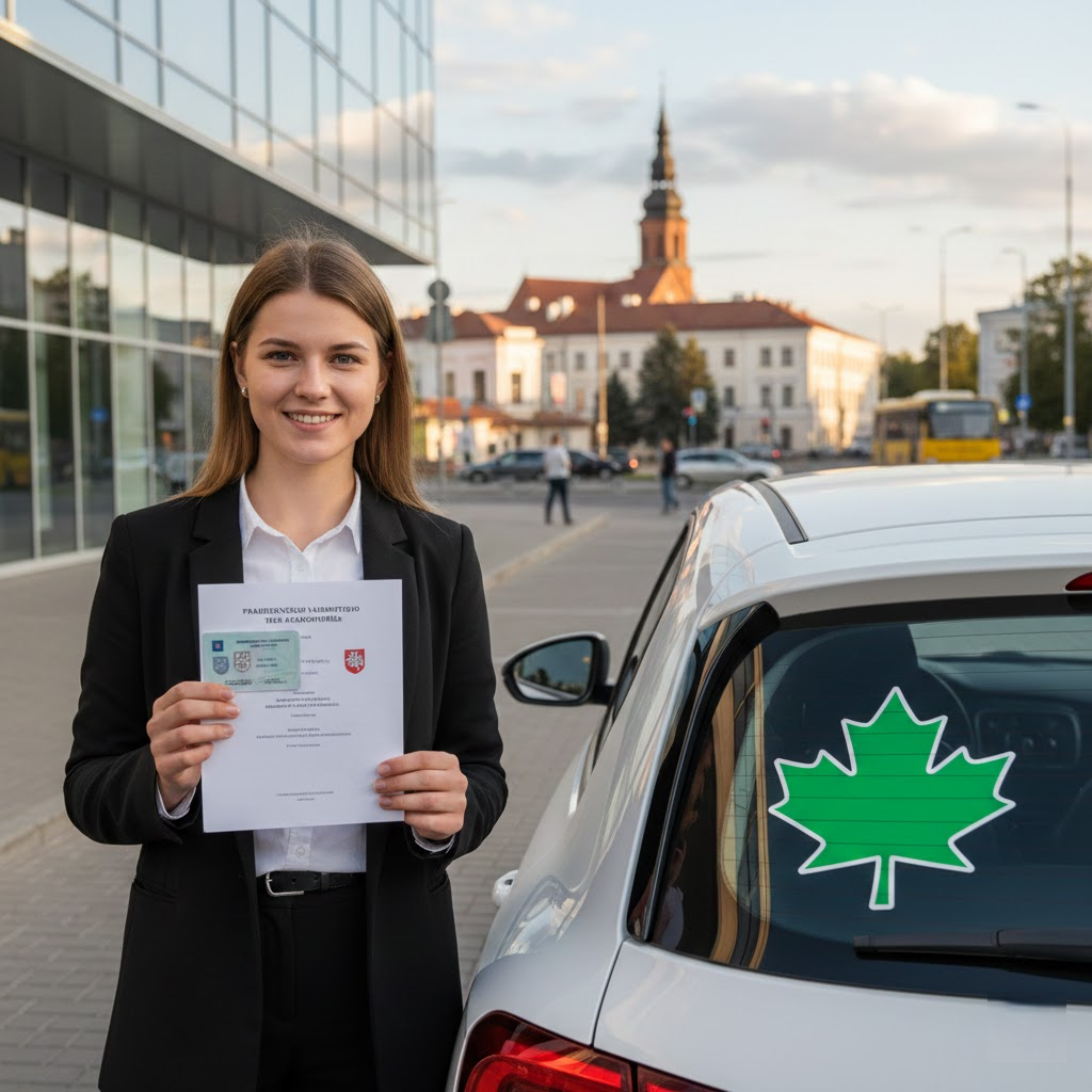 Pradedančiojo vairuotojo statusas: teisės, atsakomybės ir žalias klevo lapas ant stiklo